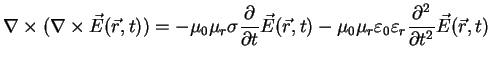 $\displaystyle \nabla \times (\nabla \times \vec{E}(\vec{r},t)) = - \mu_0 \mu_r ...
...\varepsilon_0 \varepsilon_r \frac {\partial^2}{\partial t^2} \vec{E}(\vec{r},t)$